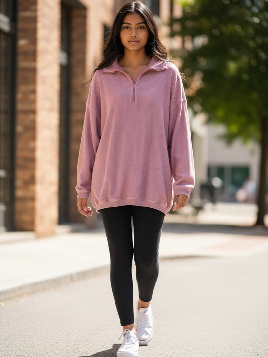aerie Tops - aerie Oversized Dusty Pink Quarter-Zip Waffle Pullover